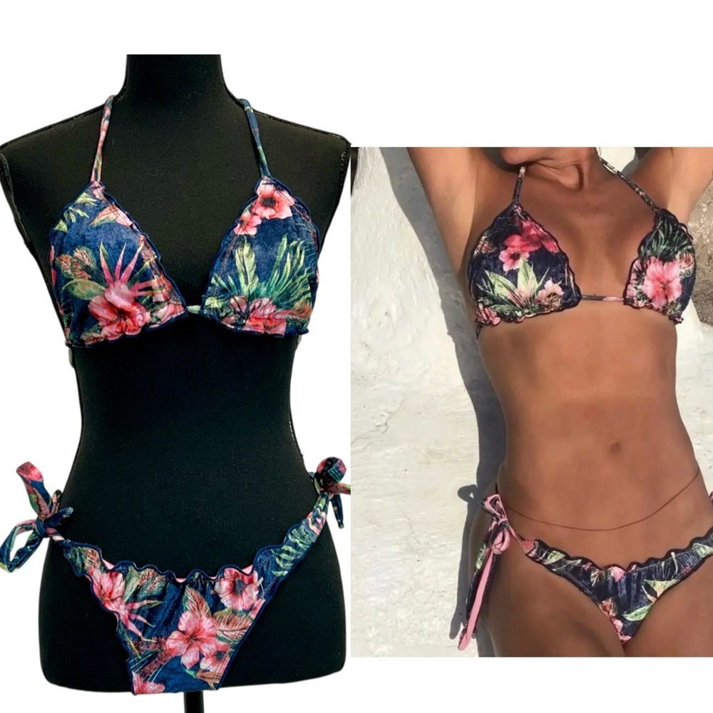 MIACONFITURA Floral velvet velour tropical Scrunched bum Bikini Sz S